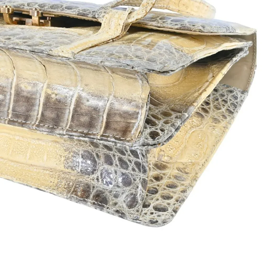Beige Croc Leather Top Handle Bag